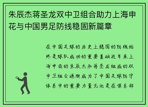朱辰杰蒋圣龙双中卫组合助力上海申花与中国男足防线稳固新篇章