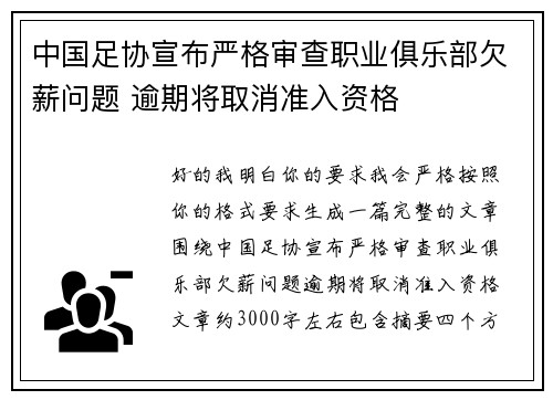 中国足协宣布严格审查职业俱乐部欠薪问题 逾期将取消准入资格 中国足协宣布严格审查职业俱乐部欠薪问题 逾期将取消准入资格